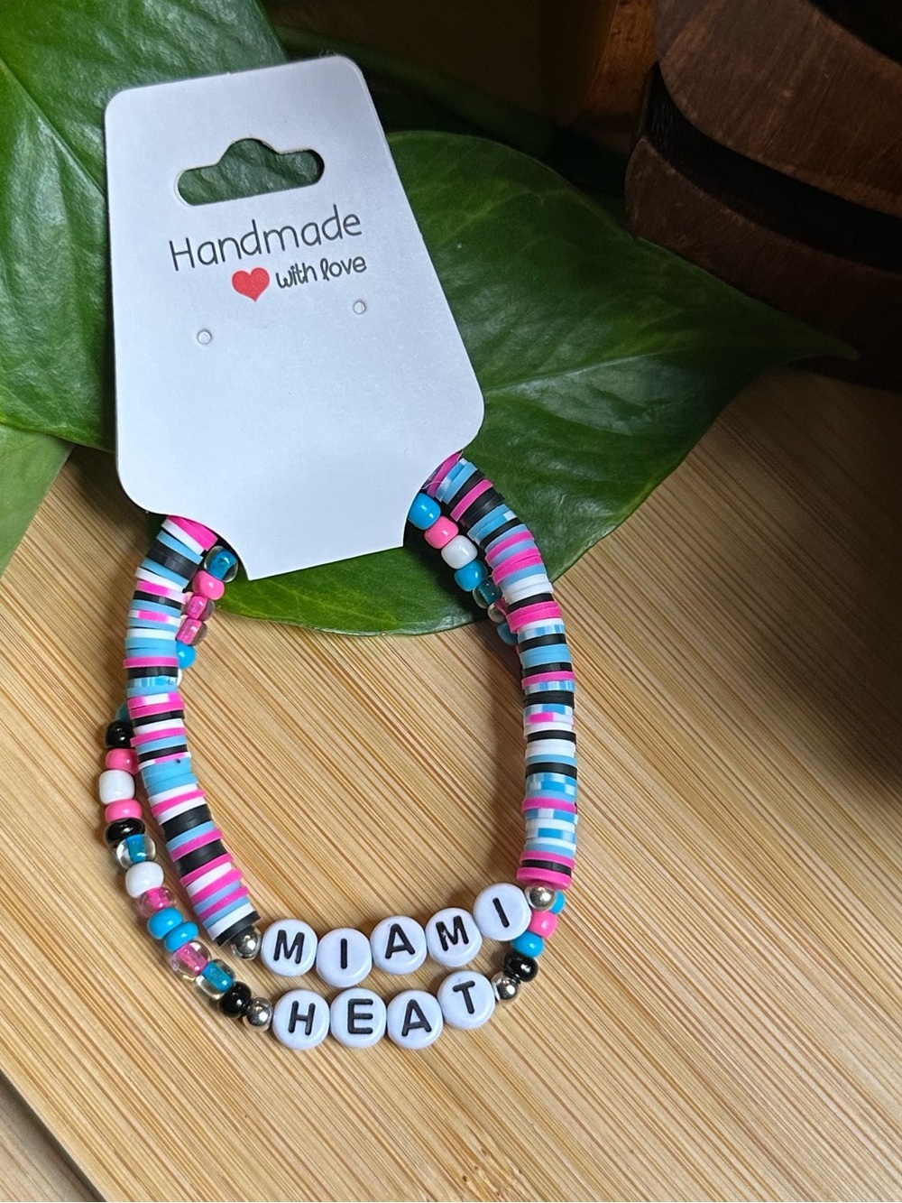 🏀 2-Piece Miami Heat Stretchy Bracelet Set | Handmade | Beaded